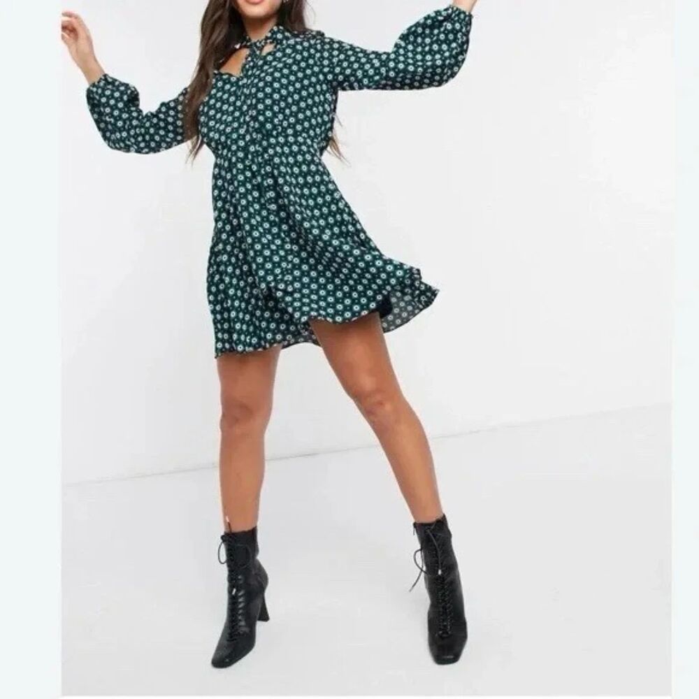 Ted Baker Printed Neck Tie Mini Dress - Green Geometric Print Size 0